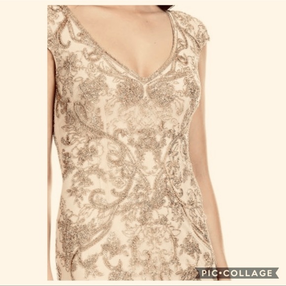 Theia cap sleeves V-Neck fully beaded long gown - Picture 3 of 12